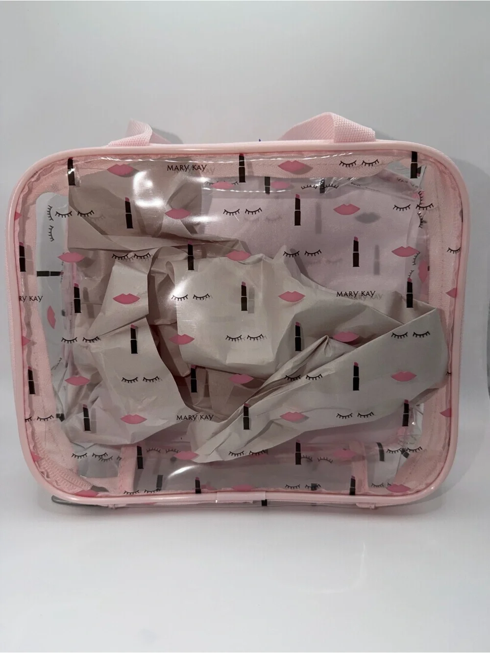 Mary Kay Clear Cosmetic Tote with Pink Trim and Lip Pattern